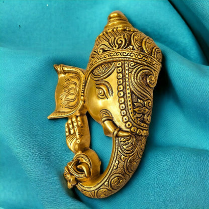Tamas Brass Lord Ganesha Mask Wall Hanging for Decoration(Golden) - PUSHMYCART