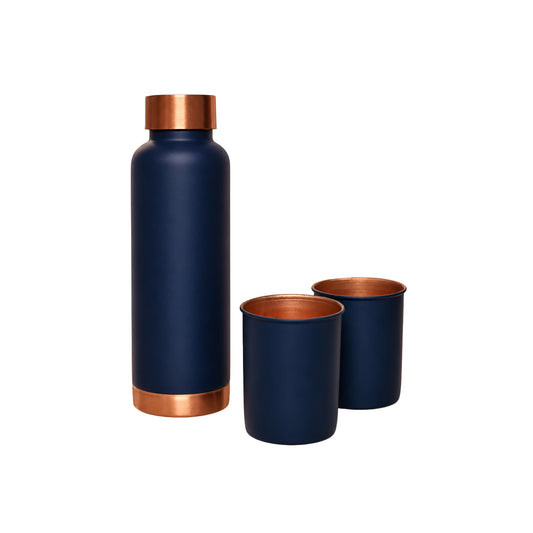Mahita Collections Pure Copper Water Bottle 1 Litre with 2 Copper Glasses 250ml Navy Blue Gift Set