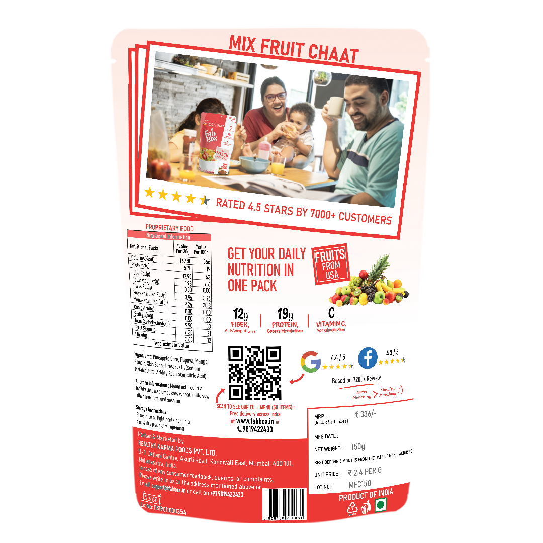 Fab Box Exotic Fruits Mix Masala fruit chews in a colorful pouch, with individual pieces scattered. - Image 3