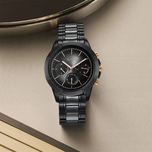 Titan Quartet Black Dial Analog with Day and Date Steel and Ceramic Strap watch for Men - image 1
