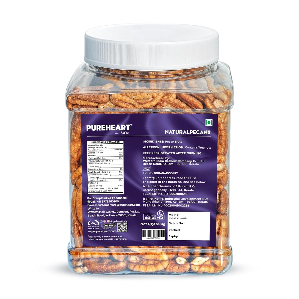 Pureheart Premium Pecan Nuts 180g | Premium Natural Pecans | Healthy Dry Fruits Snack | Rich in Protein | Fibre & Antioxidants | Ideal for Snacking & Baking
