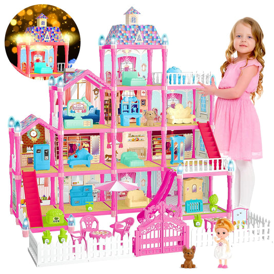 OCTERIC Doll House for Girls 13 Rooms 4 Floors with Doll Puppies Furniture and Lights Pink