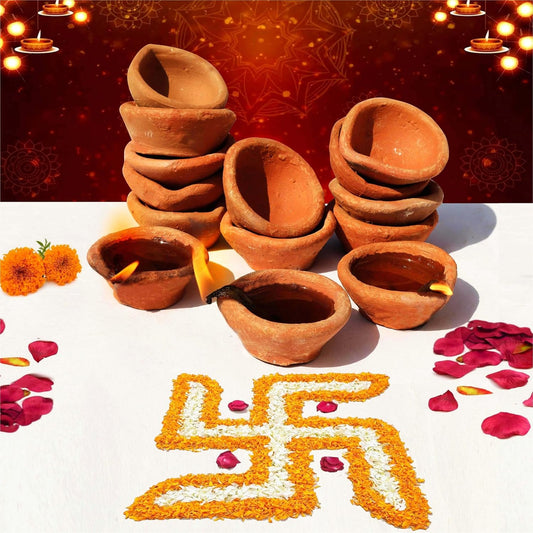 Pure Source India Natural Small Clay Mitti Diya Earthen Oil Lamp for Pooja