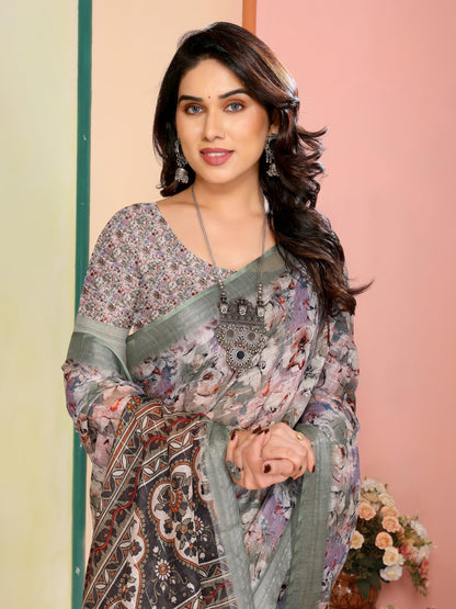 Vasthrlay Brown Printed Saree with elegant ethnic styling