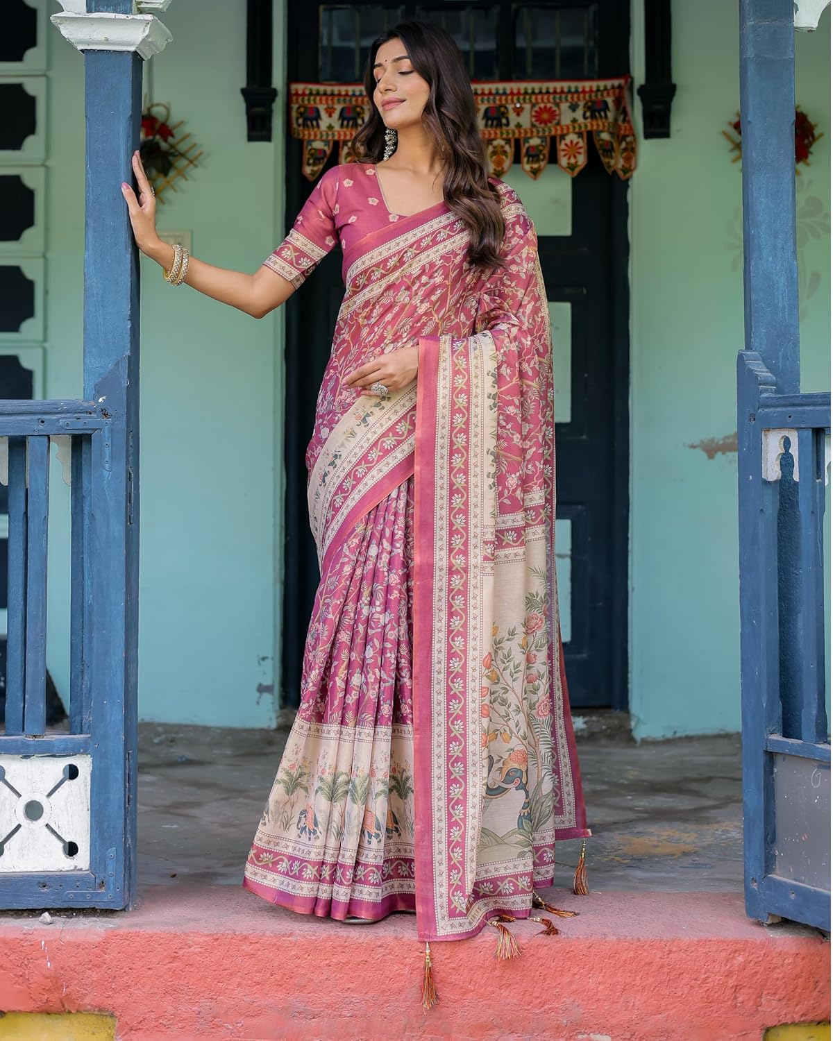Vasthrlay Cotton Turquoise Saree with decorative traditional design