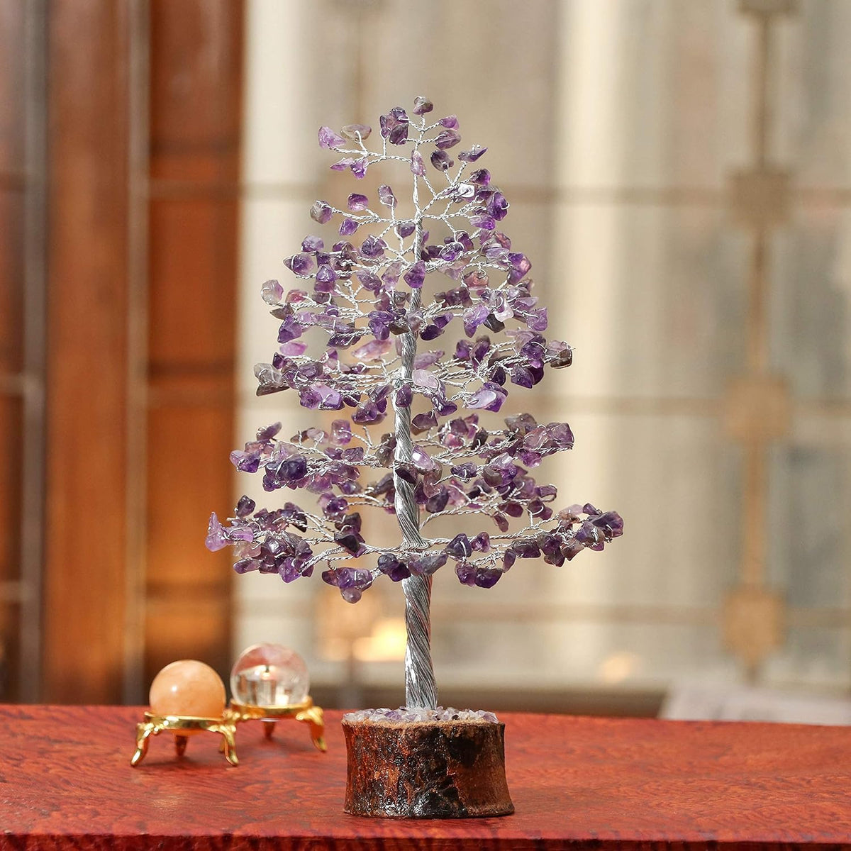 Pushkar Amethyst Crystal Tree With Silver Wire And 100 Beads 10-12 Inch - PUSHMYCART