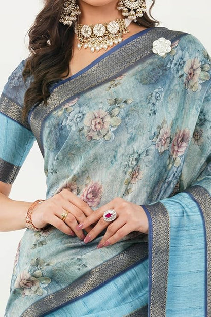 Vasthrlay Womens Cerulean Blue Patchwork Print Polyester Saree With Zari Border & Unstitched Blouse Piece