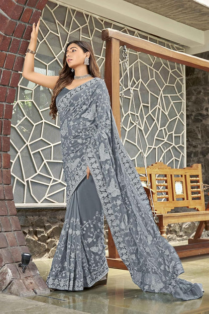 Vasthrlay Ethnic Black Saree with decorative Embroidery design