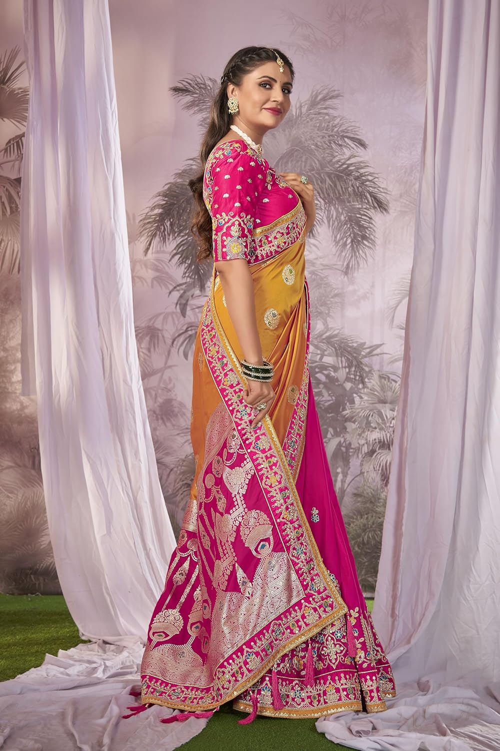 Vasthrlay Yellow Traditional Saree for wedding and party wear styling