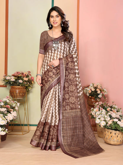 Vasthrlay Brown Printed Saree with elegant ethnic styling