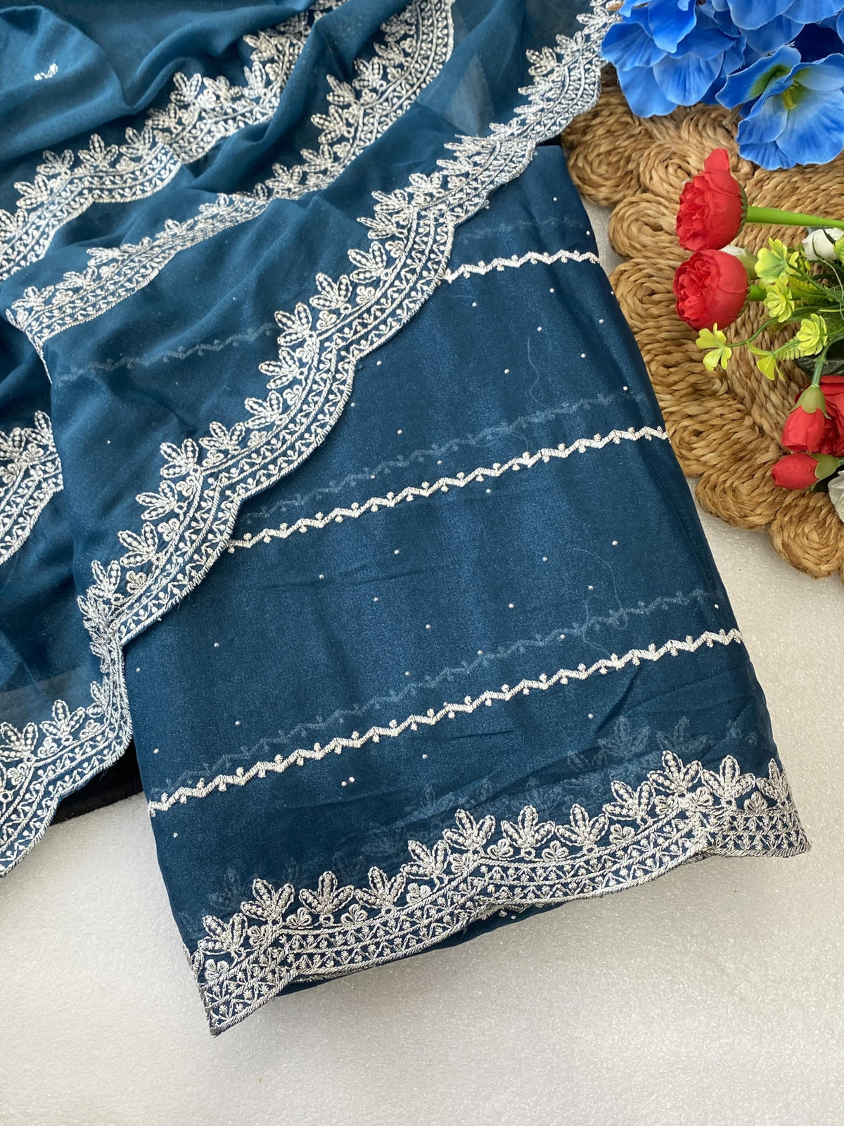 Vasthrlay Ethnic Blue Saree with decorative embroidery design