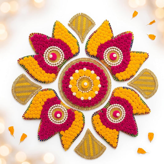 Rajasthan Kraft Handmade Rangoli Set 9 Pieces Pom Pom and Gota Floor Decoration for Diwali