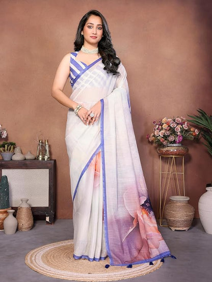 Vasthrlay White2 Floral Printed design Linen Saree with solid Unstitched Linen Blouse Piece