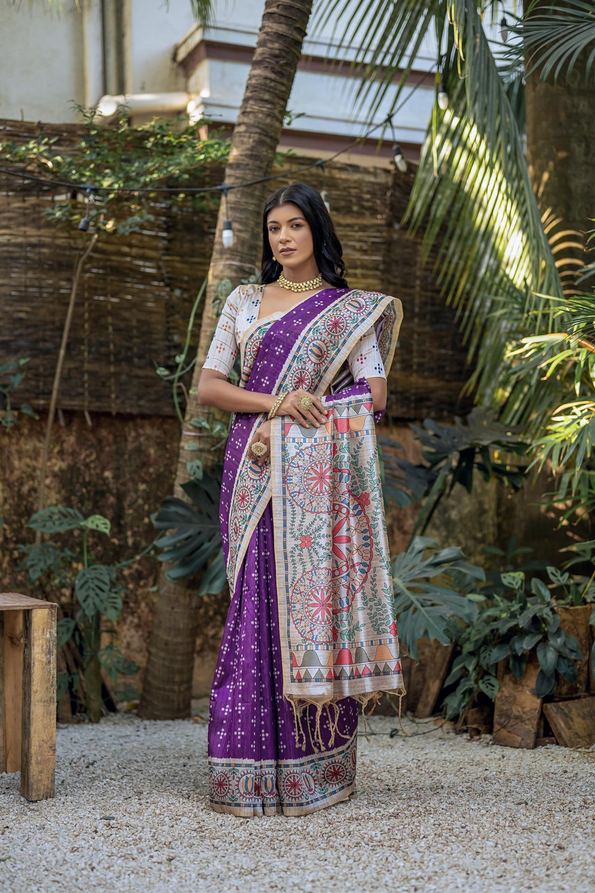 Vasthrlay Classic Madhubani Print Saree with elegant Ghicha styling