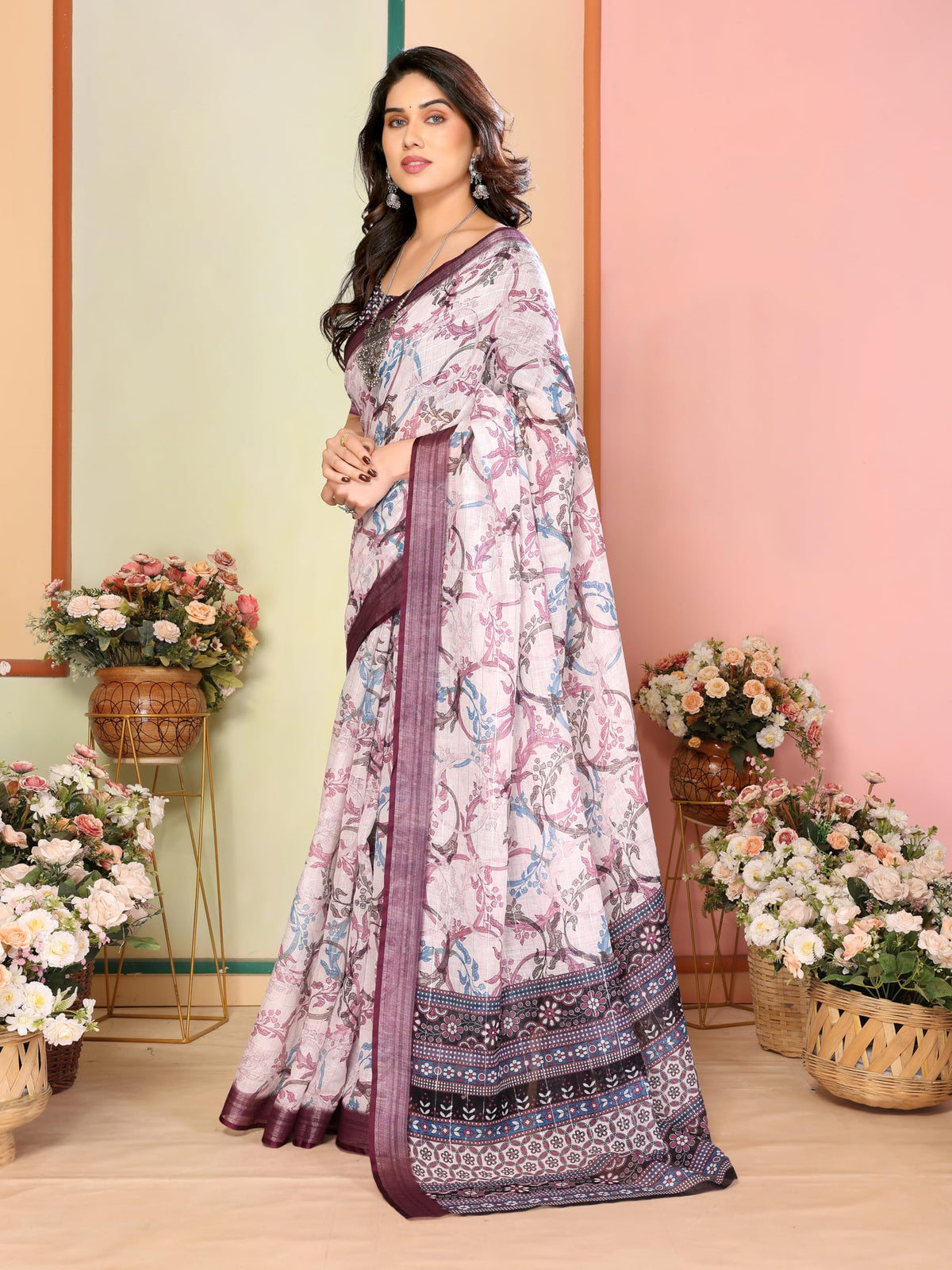 Vasthrlay Printed Saree in Brown with refined ethnic ethnic appeal