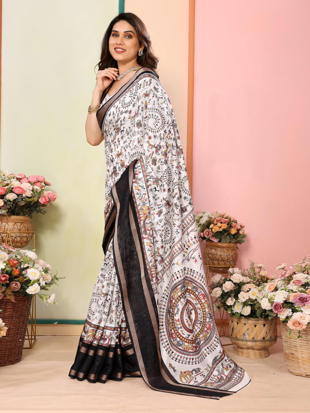 Vasthrlay Sequins Saree in White with refined ethnic ethnic appeal