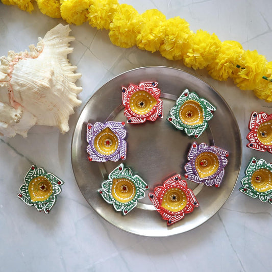 Indian Karigar Hand Painted Terracotta Diya Set of 12 for Diwali