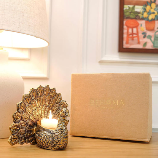 Behoma Metal Dancing Peacock with Scented Glass Votive Candle Golden