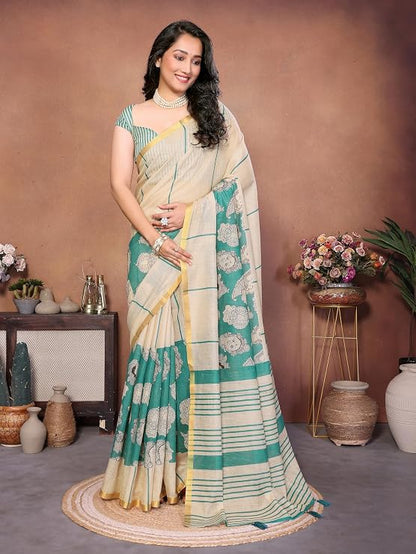 Vasthrlay Womens Off White Kathakali Print Linen Saree With Gold Zari Border And Unstitched Blouse Piece