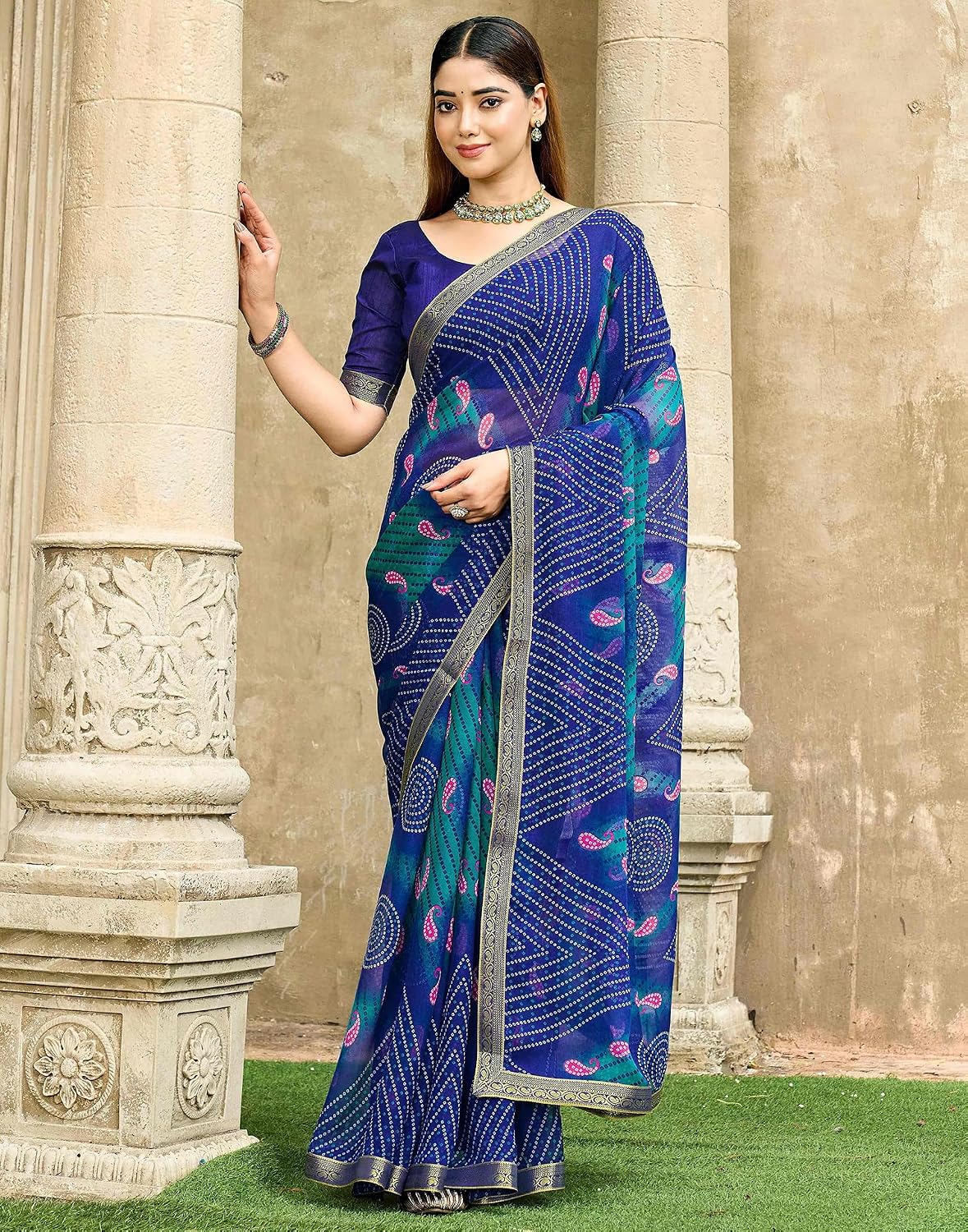 Vasthrlay Green saree with Bandhani styling and Chiffon look