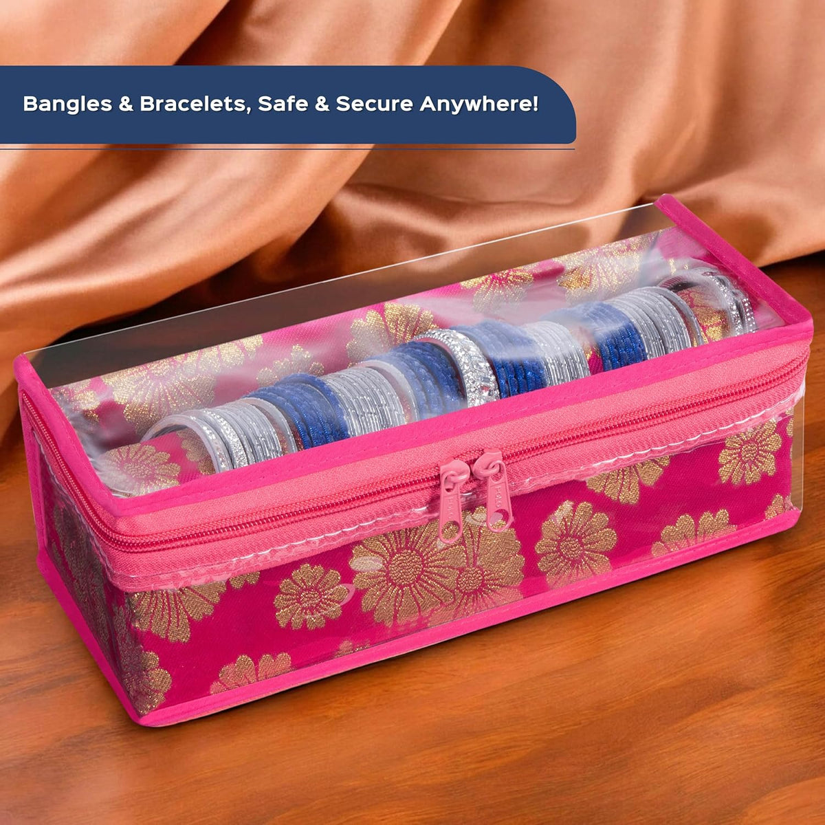 HomeStrap Brocade Single Rod Bangle Box with Transparent Top and Zip