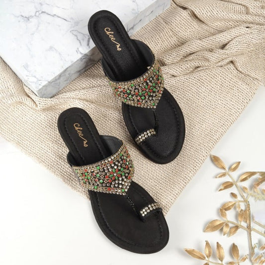 Cheemo Black Ethnic Wedge Kolhapuris for Women Style 92-156
