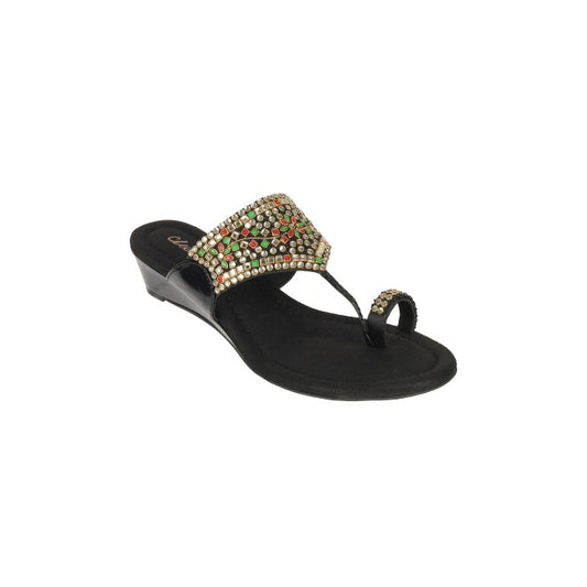 Cheemo Black Ethnic Wedge Kolhapuris for Women Style 92-156
