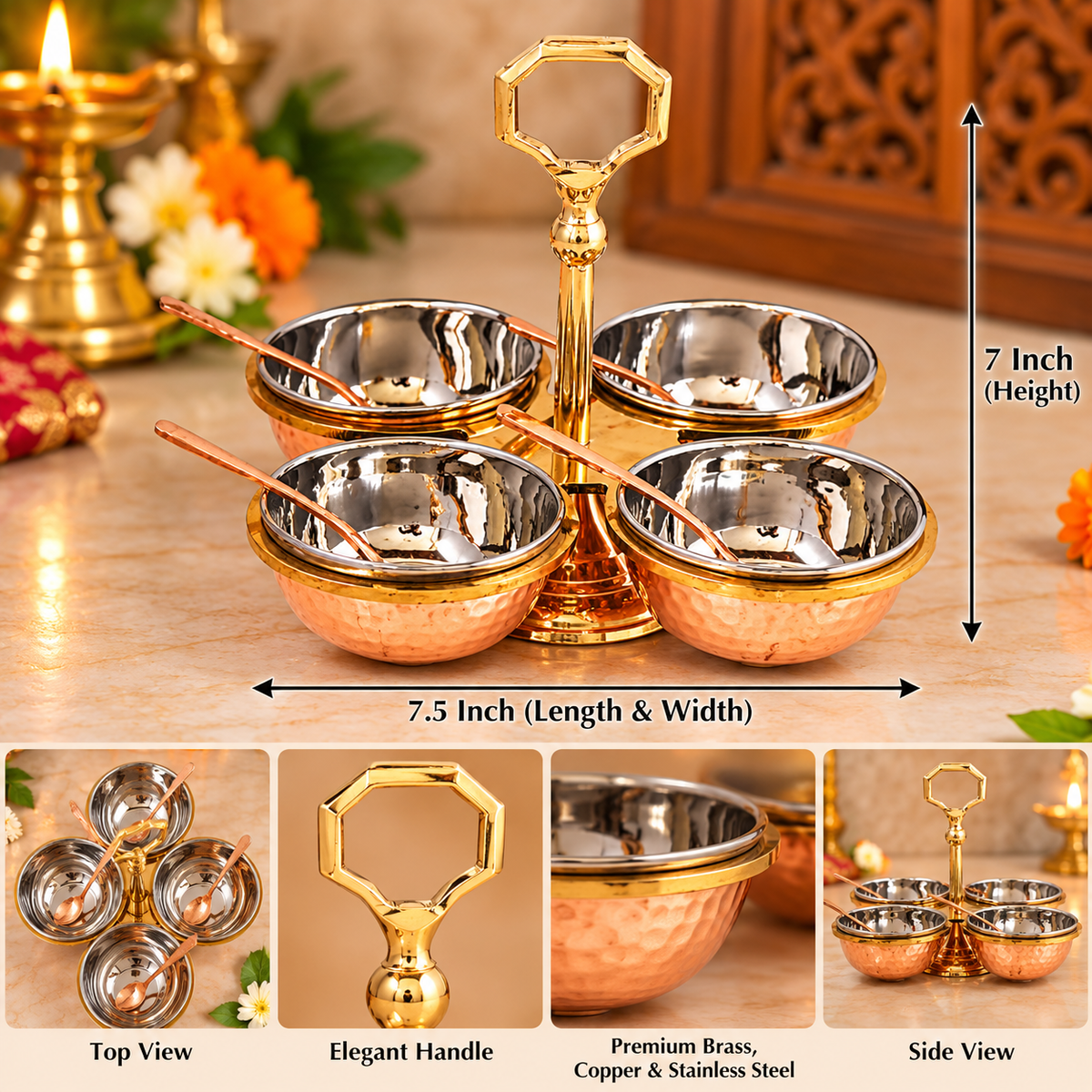 Brass & Steel Pickel Achar holder Bowl with spoon 0.915kg