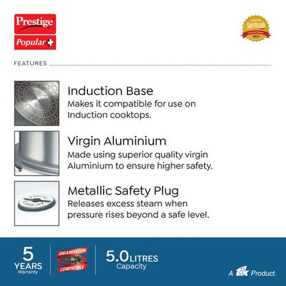 Prestige Popular Plus Virgin Aluminium Gas And Induction Compatible Pressure Cooker 5 L Silver