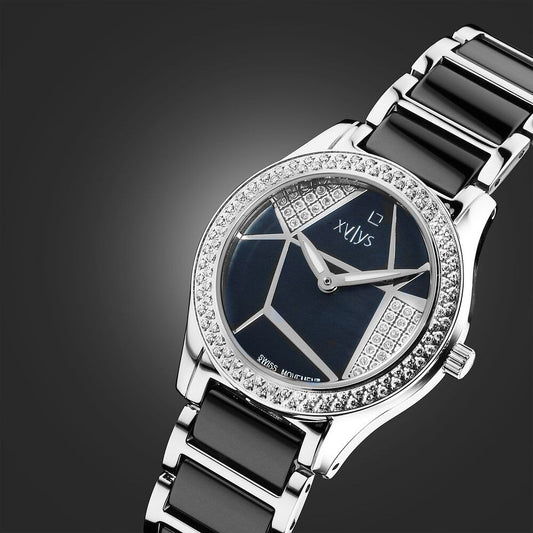 Xylys Shimmer Swiss Analog Steel and Ceramic Mother of Pearl Black Dial Watch for Women