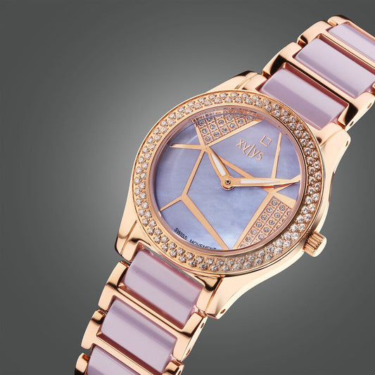 Xylys Swiss Analog Shimmer Swiss Steel and Ceramic Mother of Pearl Lilac Dial Watch for Women
