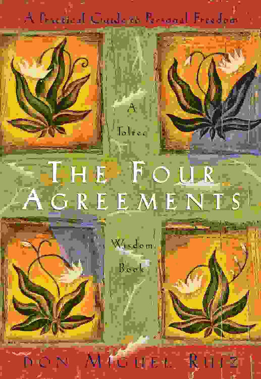 The Four Agreements book cover by Don Miguel Ruiz, featuring title and a symbolic illustration.