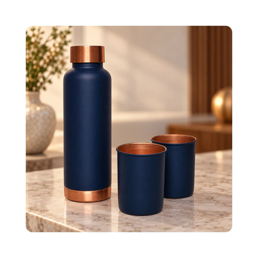 Mahita Collections Pure Copper Water Bottle 1 Litre with 2 Copper Glasses 250ml Navy Blue Gift Set