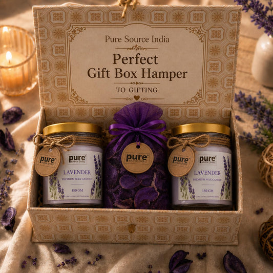 Pure Source India Luxury Festive Gift Box Hamper Lavender Candles and Purple Potpourri