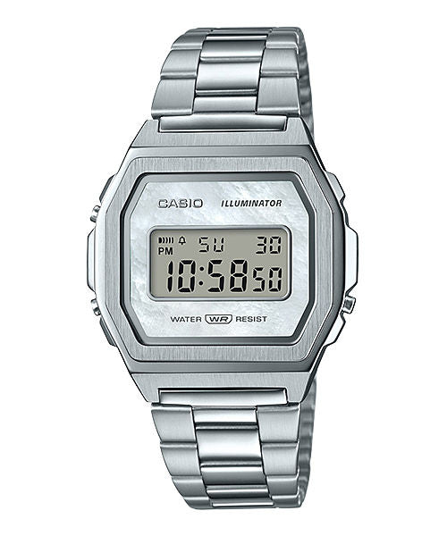 Casio Vintage A1000D-7 digital watch, white mother of pearl dial, stainless steel band