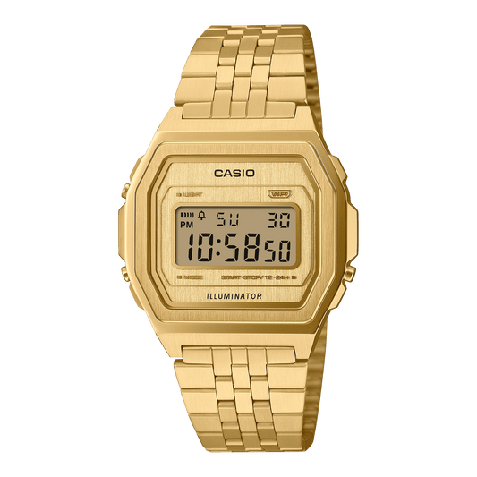 Casio Vintage A1000G-9 digital watch, gold dial, gold tone stainless steel band