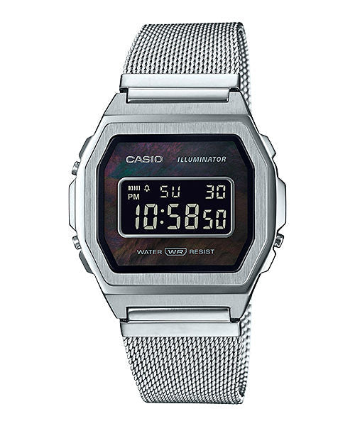 Casio Vintage A1000M-1B digital watch, black pearl dial, stainless steel mesh band