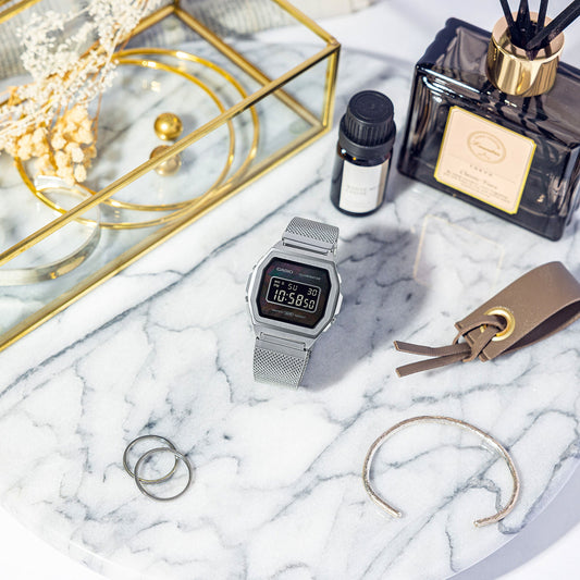 Casio A1000M-1B styled flat lay