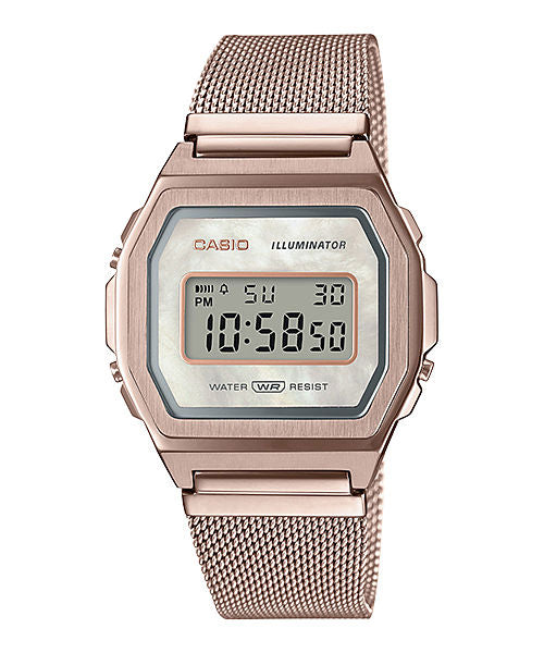 Casio Vintage A1000MCG-9 digital watch, white pearl dial, rose gold tone stainless steel mesh band