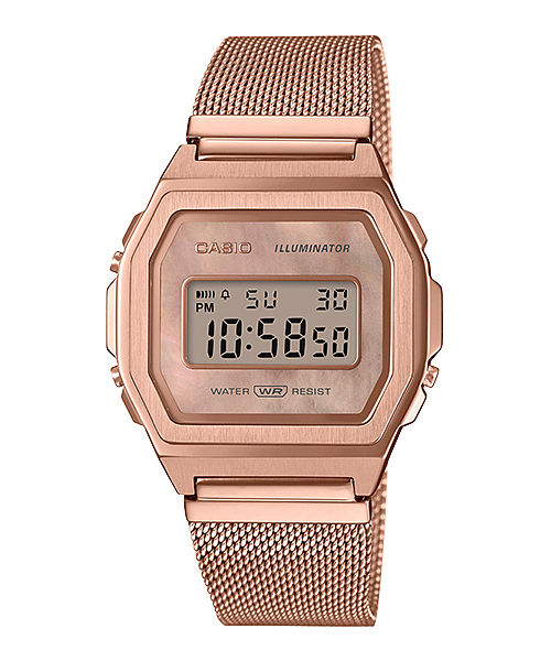 Casio Vintage A1000MPG-9 digital watch, pink pearl dial, pink gold tone stainless steel mesh band