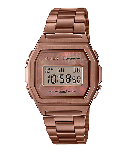 Casio Vintage A1000RG-5 digital watch, rose gold pearl dial, rose gold tone stainless steel band