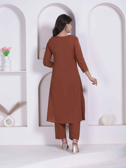 Miravan Womens Brown Floral Printed Angrakha Style Kurta with Palazzo - view 5