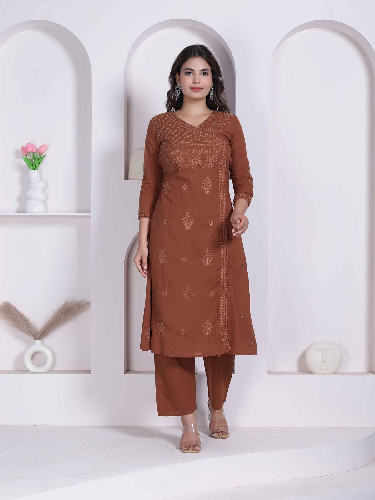 Miravan Womens Brown Floral Printed Angrakha Style Kurta with Palazzo - view 6