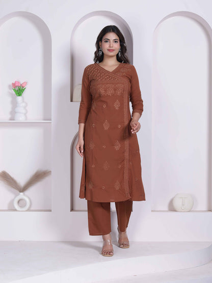 Miravan Womens Brown Floral Printed Angrakha Style Kurta with Palazzo - view 6