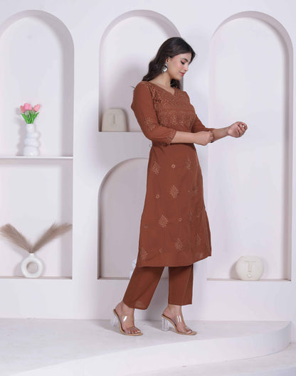 Miravan Womens Brown Floral Printed Angrakha Style Kurta with Palazzo - view 7