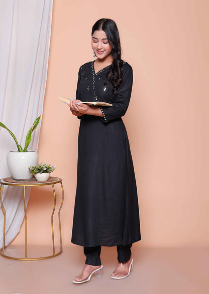 Miravan Womens Black Mirror work Angrakha Kurta and Palazzo Set - view 2