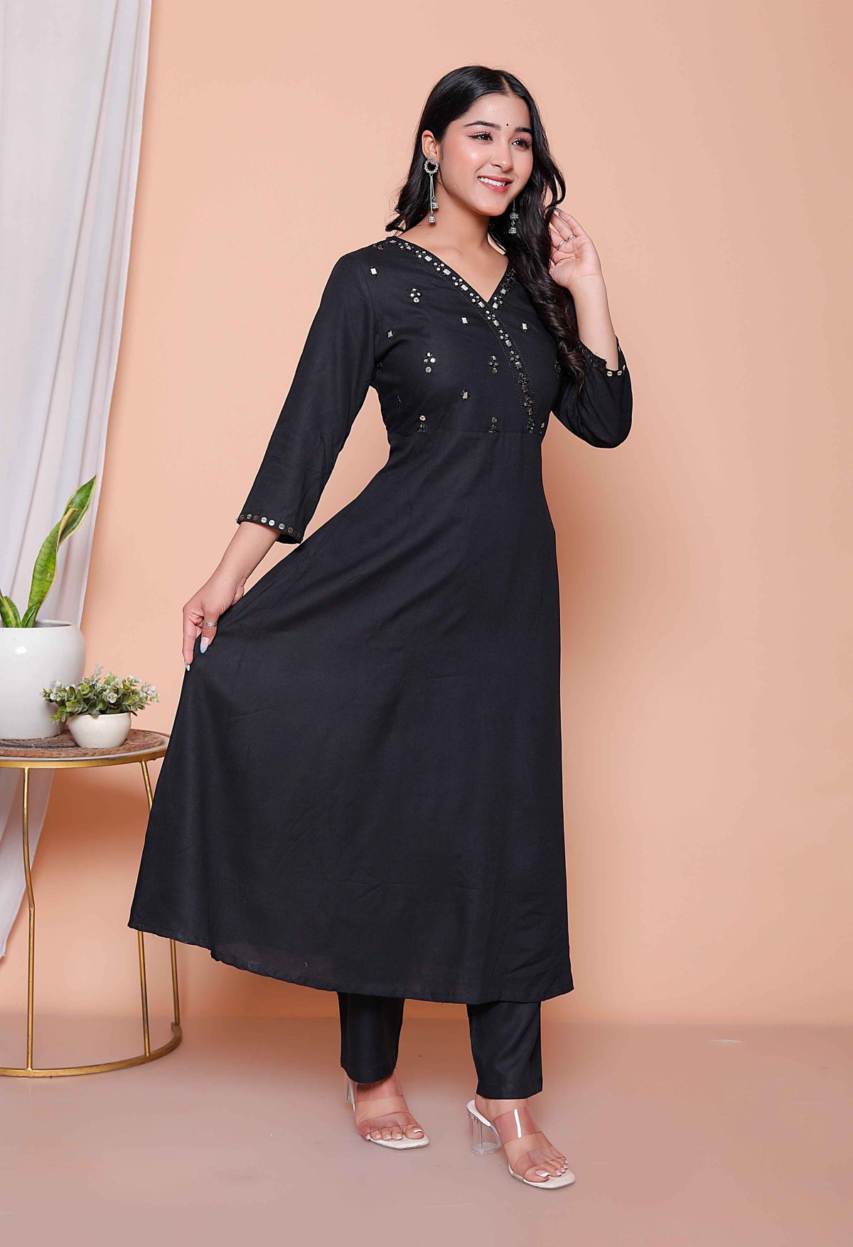 Miravan Womens Black Mirror work Angrakha Kurta and Palazzo Set - view 3