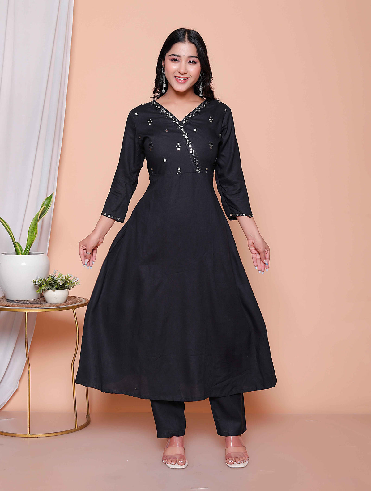 Miravan Womens Black Mirror work Angrakha Kurta and Palazzo Set - view 7