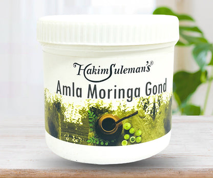 Atiya Herbs Hakim Suleman's Amla Moringa Gond, a natural wellness powder in a sealed container. - Image 4
