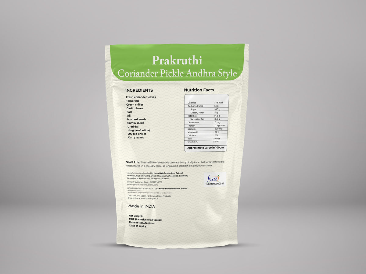 Prakruthi Kothimeera Coriander Pickle Andhra Style - PUSHMYCART